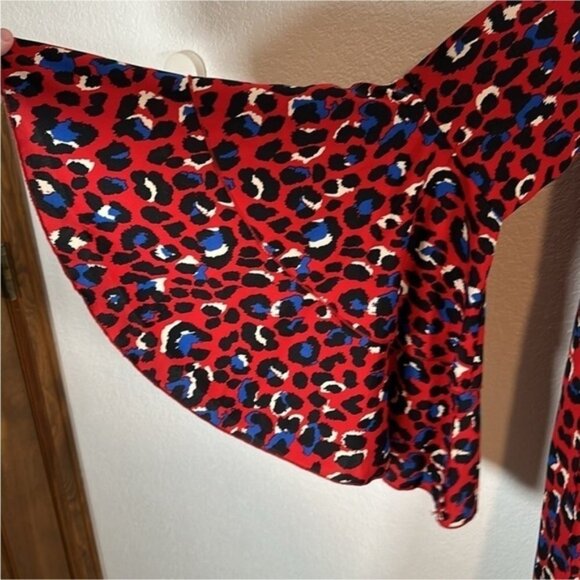 Red Leopard 70s V Neck  Tier  Hippie Bell Sleeve Bohemian Mini Dress M - Picture 14 of 14